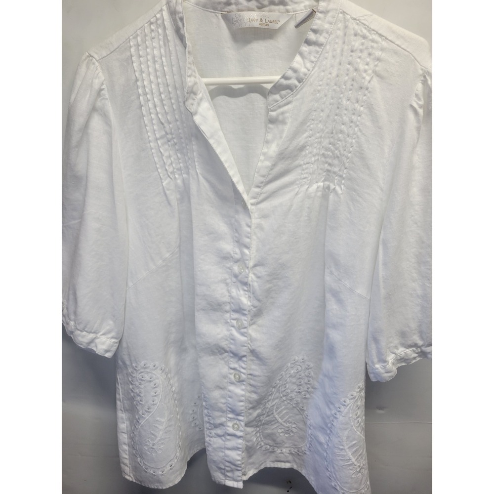 Lucy & Laurel White 100% Linen Paisley Eyelet Blouse Plus Size 3X Pin-tuck Top